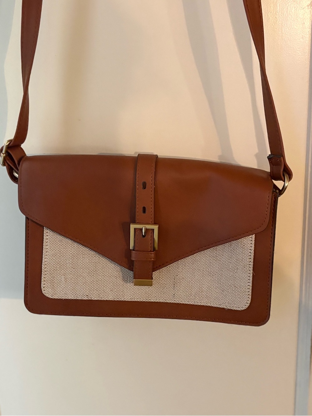 Leather and Canvas Crossbody Bag in Cognac